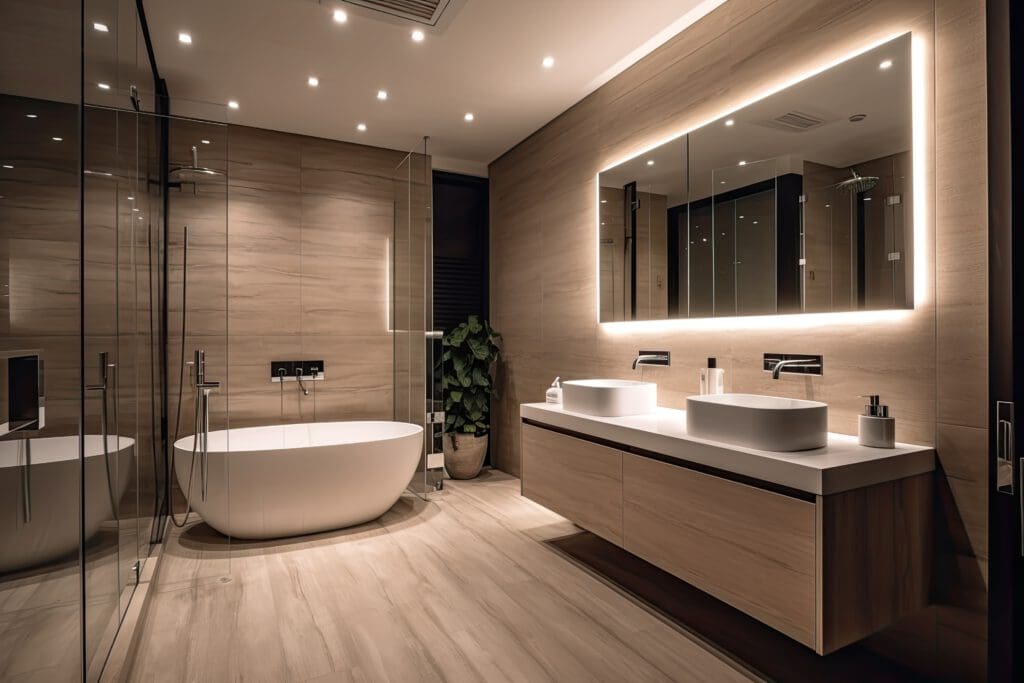 Experience luxury bathrooms with this modern space featuring a freestanding bathtub and a double vanity with illuminated mirrors. The elegant room showcases a glass shower enclosure, wood-paneled walls, and recessed ceiling lights. A potted plant adds greenery to the exquisite bathroom design.