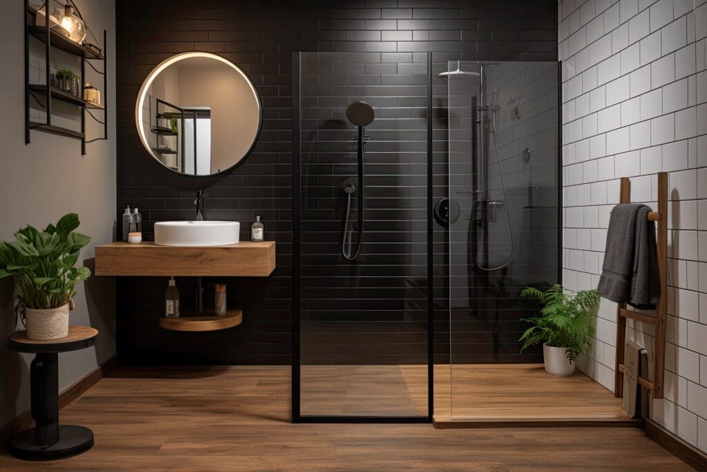 Luxury bathroom design featuring dark tiles and a walk-in shower. Highlights include a round mirror above a wooden sink, potted plants, and towels on a ladder rack. The rain showerhead adds elegance, while the glass partition completes the sophisticated bathroom installation.