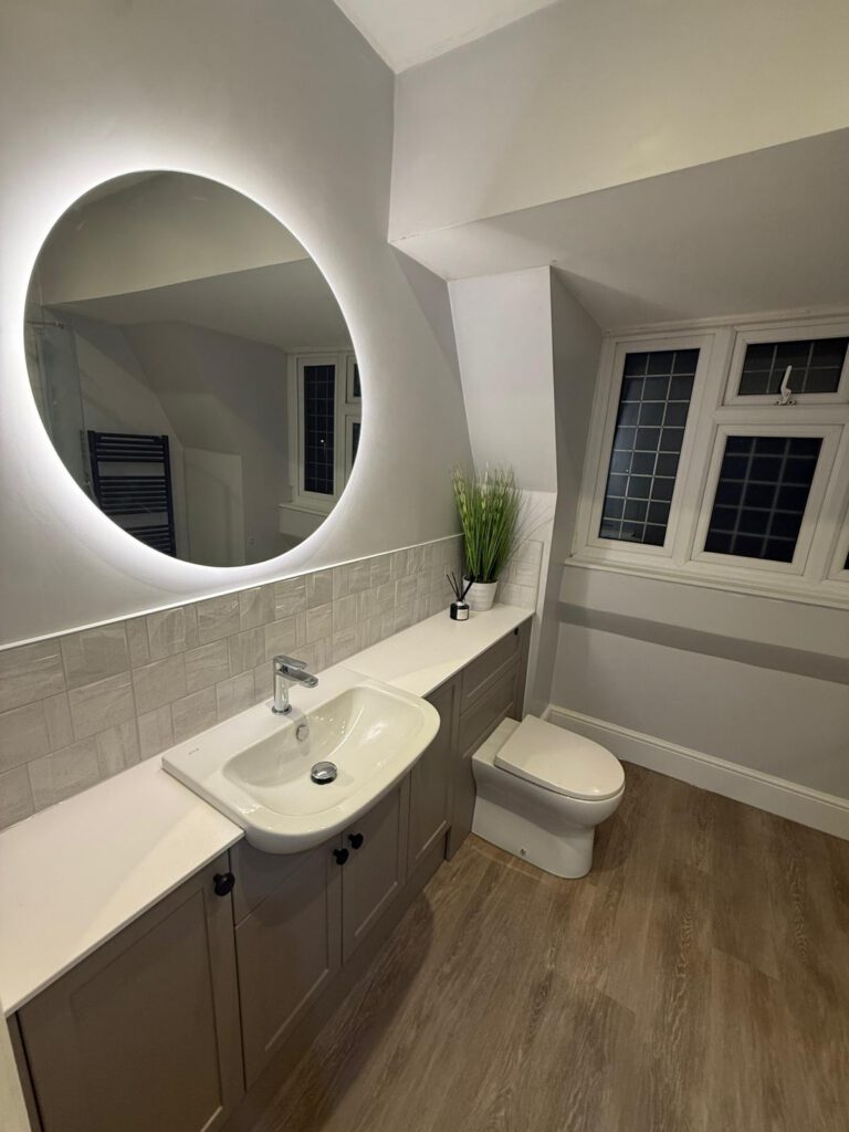 Modern bathroom with a round, backlit mirror above a sink and cabinet, a white toilet, wood-look flooring, a window with grid panes, and a tall green plant in a white pot on the countertop.